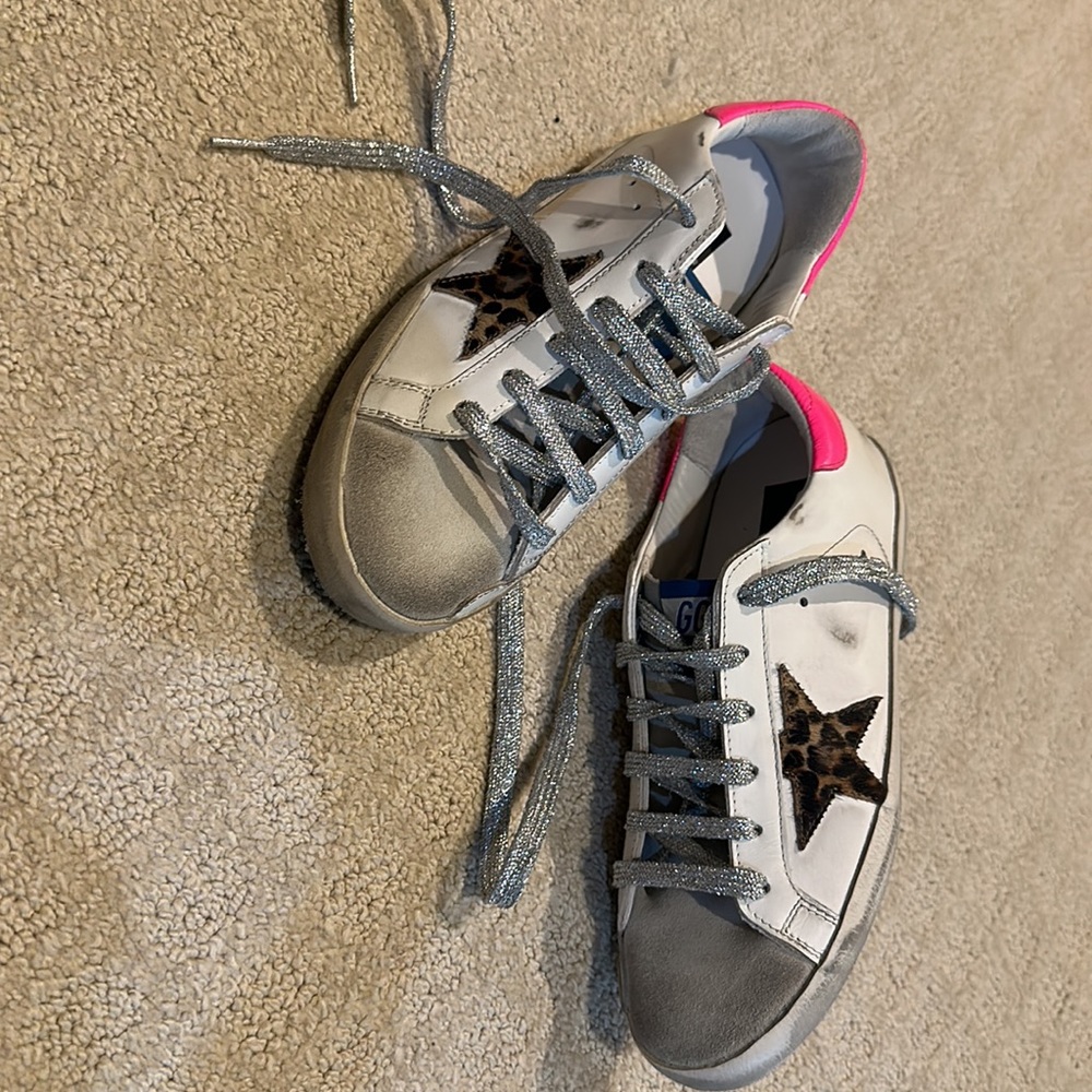 Golden Goose Superstar Sneakers with Leopard Star & Neon pink size 8 never worn